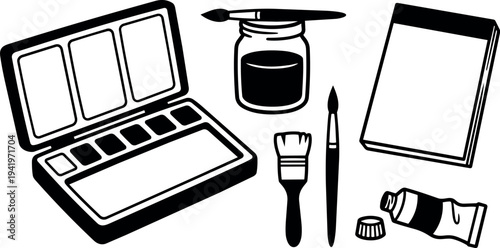 Black and white vector art paint palette brushes ink jar and sketchbook set isolated on white background