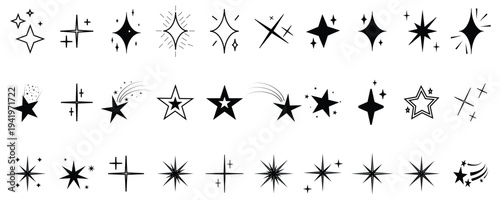 Stars icon collection. Different star shapes. Black stars icon set. Vector set of different black sparkles icons on transparent background. Vector illustration