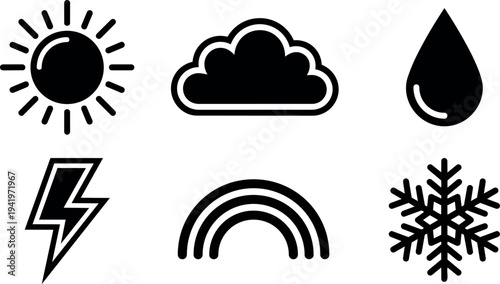 Flat design vector icons representing sun cloud water drop lightning rainbow and snowflake weather symbols in simple black style