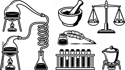Black and white vector art laboratory glassware chemical distillation set scales feather quill mortar pestle and test tubes icons