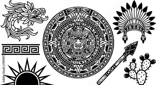 Aztec sun stone calendar circle ancient tribal spear feather headdress cactus dragon emblem black and white vector art design