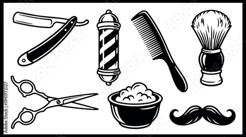 Black and white vintage barber tools including straight razor scissors shaving brush comb and shaving cream bowl mustache vector set