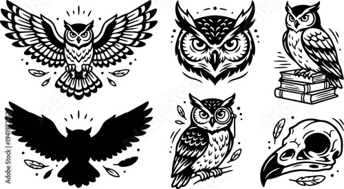 Black and white tattoo flash style fierce owl flying perched on books branch and skull detailed vector art illustration set