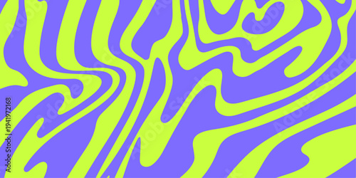 Psychedelic retro wavy abstract background. Groovy lime and violet liquid waves pattern in 70s style