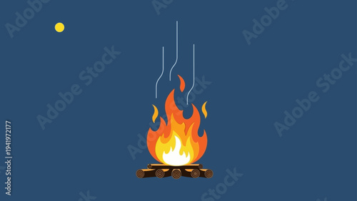 A simple illustration of a warm campfire burning under a setting sun or moon.