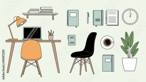 Minimalist home office setup with desk, laptop, and essential work items.