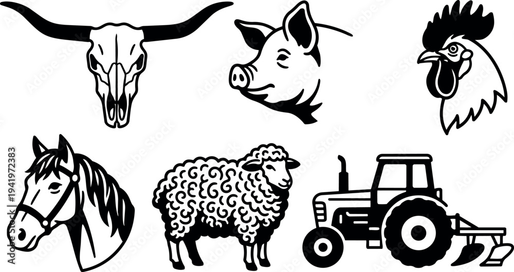 Obraz premium Black and white vector art set of farm animals with bull skull pig head sheep horse rooster and tractor side view illustration