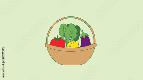 Basket of fresh vegetables and fruits on a light green background.