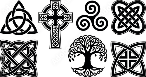 Black and white celtic symbols including tree of life triquetra celtic cross and intricate knotwork vector art set