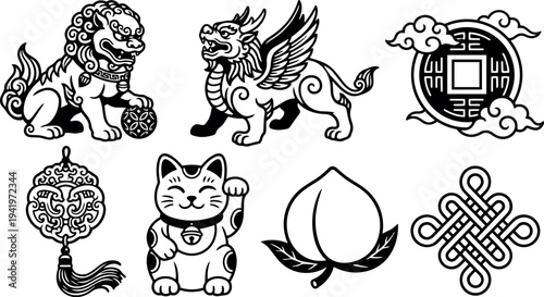Traditional chinese lion dragon winged mythological creatures lucky cat coin tassel peach and endless knot vector art set