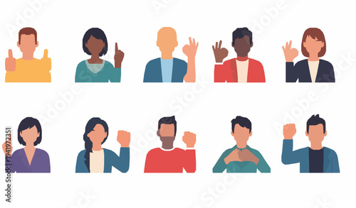 Happy people showing positive hand gestures set with thumbs up victory sign ok gesture and hand heart flat vector