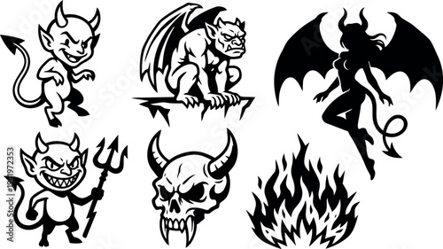 Black and white vector art of mischievous devils and winged demons with skull and flame devilish halloween style symbols