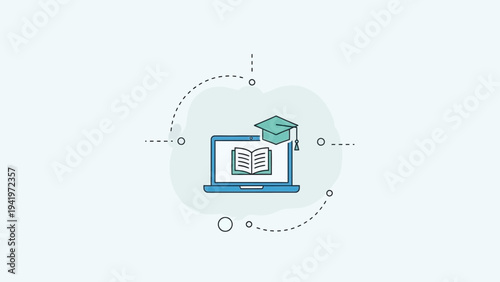 Online learning concept with laptop, book, and graduation cap illustration.