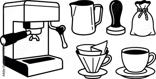 Black and white minimalist icon set of coffee making equipment including espresso machine jug tamper filter cup and coffee bag