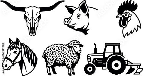 Black and white vector art set of farm animals with bull skull pig head sheep horse rooster and tractor side view illustration