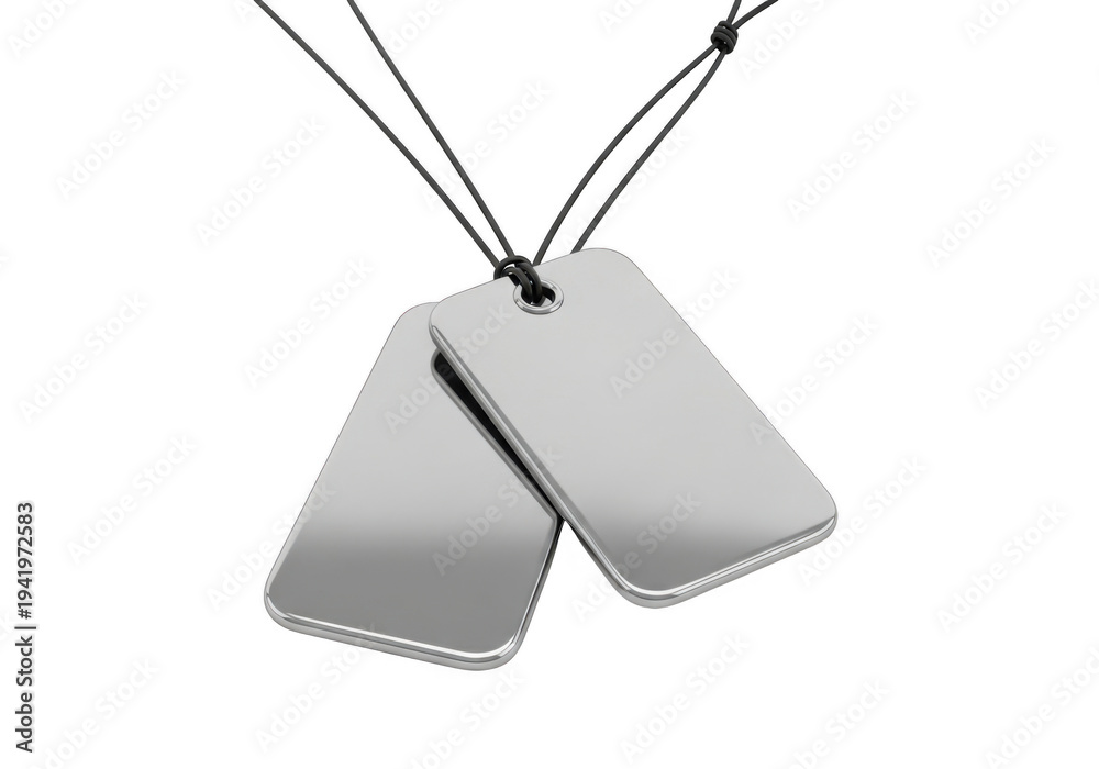 Fototapeta premium Shiny metal dog tag necklace pendants on black cords isolated on transparent background