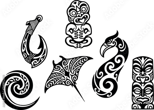Maori style black tribal tattoo designs set with fish hook wave stingray bird face tiki mask patterns vector art collection