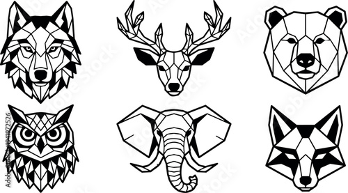 Geometric style black and white animal heads wolf deer bear owl elephant and fox vector art set