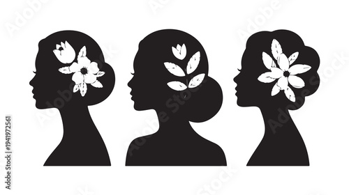 Black silhouette set of three women with floral hair accessories 1
