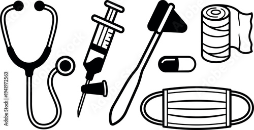 Black and white medical icon set including stethoscope syringe reflex hammer face mask pill and bandage vector art