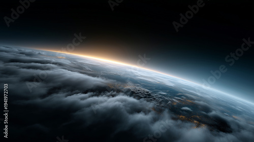 Panoramic view on planet Earth globe from space. Glowing city lights, light clouds. Generative AI Panoramic orbital view of the Planet Earth globe from outer space with glowing cit