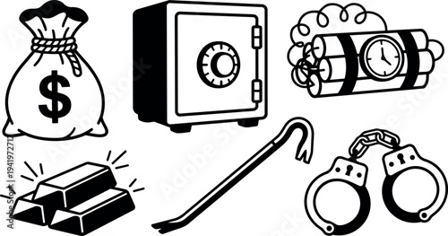Black and white vector art set of money bag safe gold bars crowbar handcuffs and dynamite bomb icons in outline style