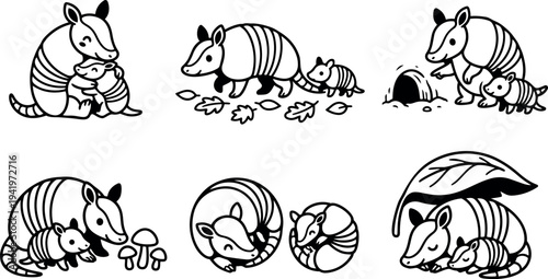 Black and white line art armadillo mother and baby curled sleeping walking with leaves mushrooms and burrow vector illustration set