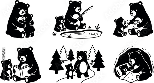 Flat design black bear and cub vector set showing hugging fishing reading walking and bedtime activities in nature scenes