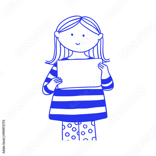 Girl Holding Blank Plate Character Doodle Illustration