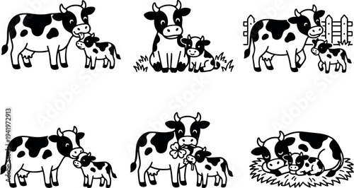 Black and white flat design illustration set of mother cow and calf in various poses including standing sitting walking and resting on grass