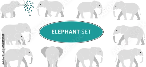 Obraz Elephant Icon Set Featuring Various Poses and Actions for Kids’ Animal and Nature Designs