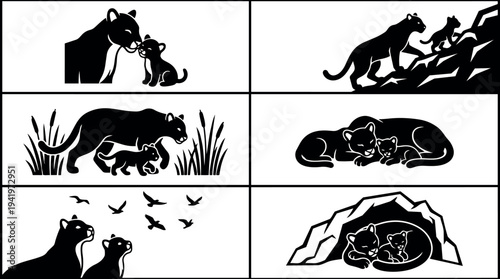 Vector art of black panther mother and cub in various poses climbing sleeping walking resting and watching nature scenes in silhouette style