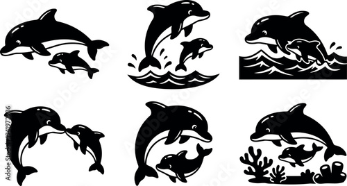 Black silhouette flat design mother dolphin and baby swimming jumping over waves and coral underwater ocean life vector