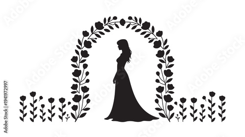 Female silhouette standing under floral archway bride
