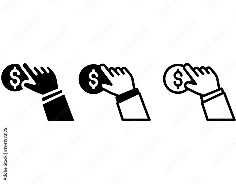 Obraz premium Three distinct graphic icons illustrating a hand holding a dollar coin, symbolizing concepts of payment, donation, finance, and transaction.