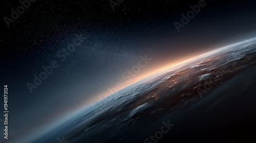 Cinematic orbital view of Planet Earth at night with glowing city lights outlining continents beneath a vast star-filled sky, curved horizon of the blue planet illuminated by a sub