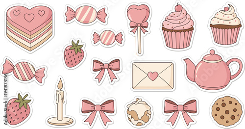 Pastel Pink Sweets and Treats in Whimsical Illustrative Style with Soft Lighting on White Background for Valentines Day