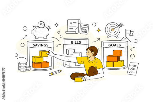 Image Generation. Personal Budget Management System. Person allocating income into savings, bills, and goals