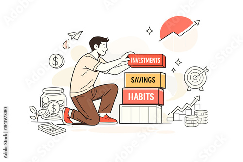 Image Generation. Wealth Building Process. Individual steadily assembling financial blocks as savings,