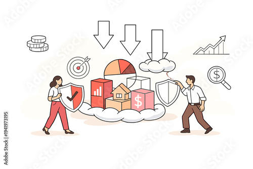 Image Generation. Investment Risk Control Strategy. Abstract portfolio protected by shields, diversification