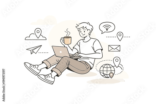 Image Generation. Remote Gig Worker Lifestyle. Person working from anywhere with laptop, coffee cup, and