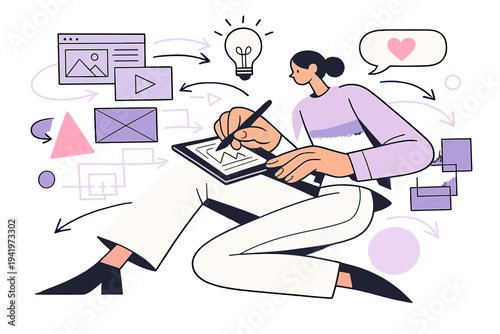 Image Generation. Freelance design process. Designer sketching ideas on a tablet, outlined wireframes, shapes,