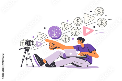 Image Generation. Content creation for monetization. Creator recording content with a camera and laptop,
