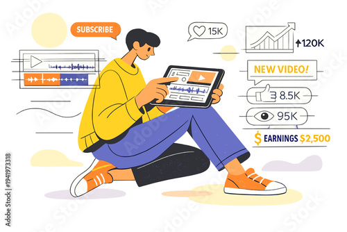 Image Generation. Building income through digital content. Content creator editing videos on a tablet,