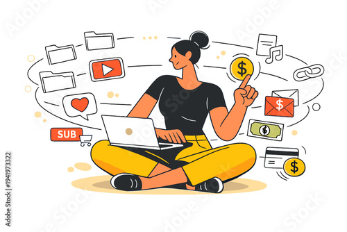 Image Generation. Creative monetization workflow. Digital creator managing content streams, outlined folders,