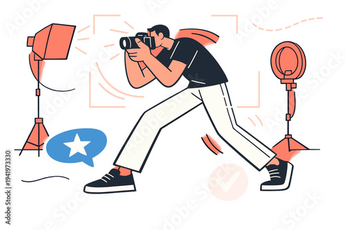 Image Generation. Creating stock photo content. Photographer shooting with a camera, outlined light sources