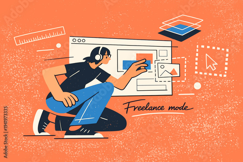 Freelance Design Flow. Independent graphic designer lifestyle. Creative professional adjusting layout on a