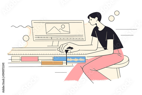 Image Generation. Video editing for clients. Video editor focused at a workstation, outlined timeline clips