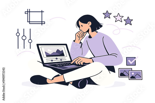 Image Generation. Post-production and selection. Creator editing photos on a laptop, outlined sliders, stars,