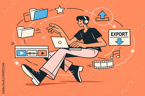 Image Generation. Freelance video editing workflow. Creative professional managing multiple projects, outlined